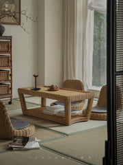 rattan coffee table, rattan tea table, handwoven rattan furniture, bamboo table, natural rattan decor, double layer coffee table, japanese wabi-sabi furniture, handcrafted rattan table, boho living room decor