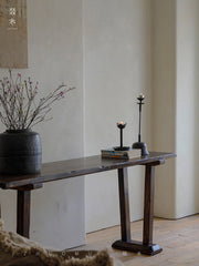 saya console table, solid teak console, wooden sofa table, wabi sabi furniture, japanese minimalist console, handcrafted wood furniture, piexlculpt studio, zen furniture, solid wood long table, teak entryway table
