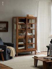teak glass cabinet, solid wood display shelf, handcrafted teak furniture, glass door cabinet, artisan teak bookcase, minimalist wood furniture, wabi-sabi cabinet, boho wood storage, japanese scandi furniture