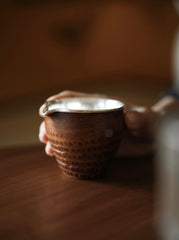 bamboo root tea cup, fair cup, gongdao cup, silver edge tea pitcher, handcrafted tea accessories, wooden tea ware, Japanese tea ceremony, Chinese tea set, handmade tea pitcher, artisanal teaware, Piexlculpt Studio