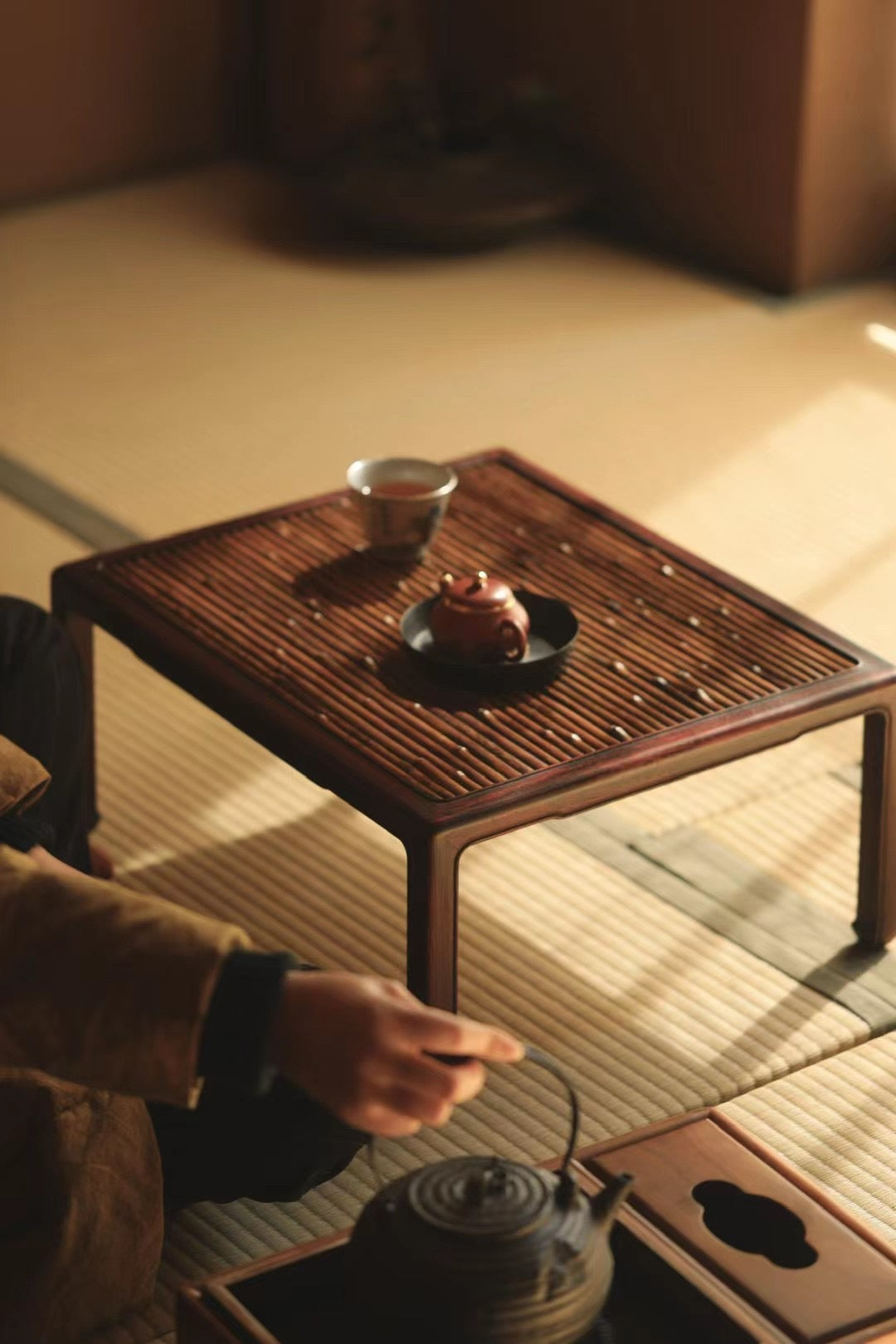 bamboo tea table, pearwood tea table, handcrafted bamboo furniture, gongfu tea stand, tea ceremony furniture, japanese low table, wood engraving art, Piexlculpt Studio, natural home decor, tea tray table