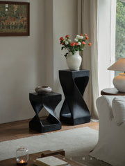 twist side table, sculptural wood stool, solid wood side table, carbon black furniture, wabi sabi furniture, minimalist furniture, piexlculpt studio, wooden pedestal table, organic design