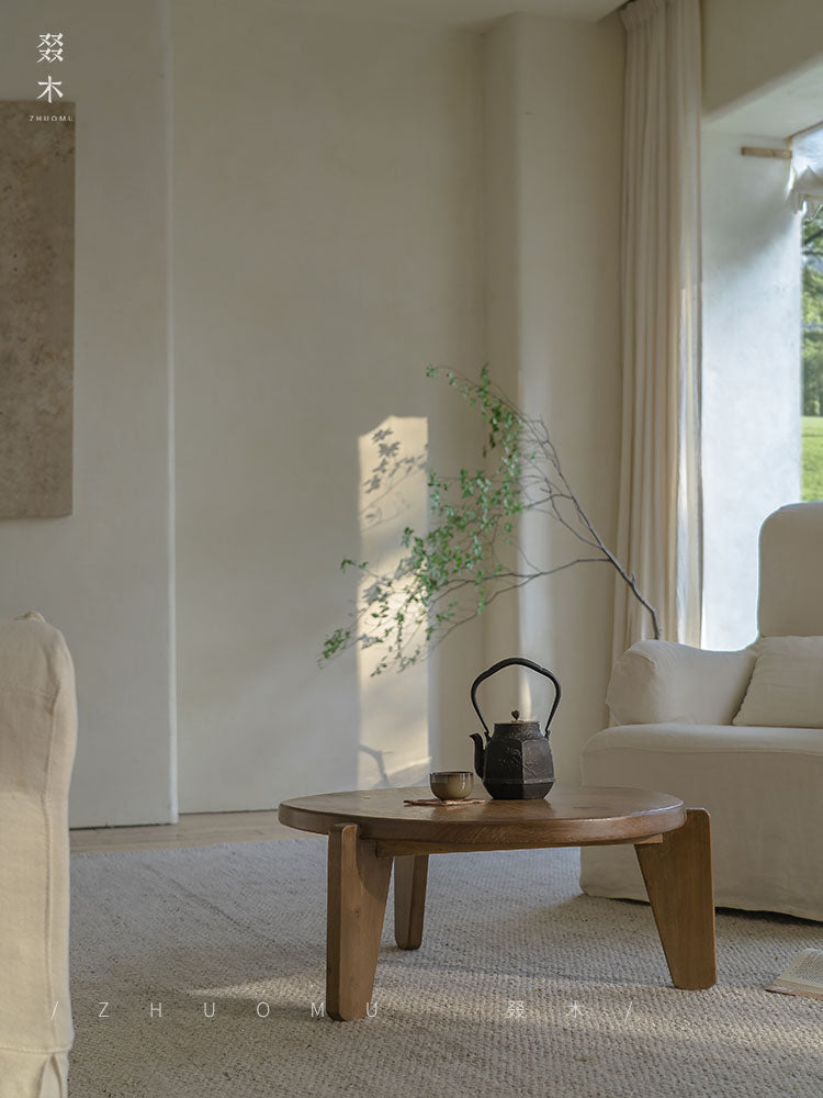 kiyo coffee table, round tea table, solid wood wabi sabi furniture, japanese minimalist furniture, zen table, handcrafted wooden table, low table, piexlculpt studio, natural oak coffee table, modern wabi sabi decor