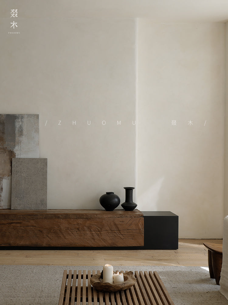 brutalist furniture, industrial wood console, low tv cabinet, japanese minimalist furniture, handcrafted media unit, reclaimed wood furniture, solid teak console, wabi sabi tv stand, modern industrial furniture