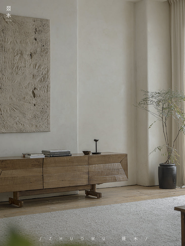 solid wood TV console, handcrafted media cabinet, minimalist TV stand, reclaimed wood furniture, artisan TV unit, japanese scandi furniture, wabi-sabi console, modern wood sideboard, low wood cabinet