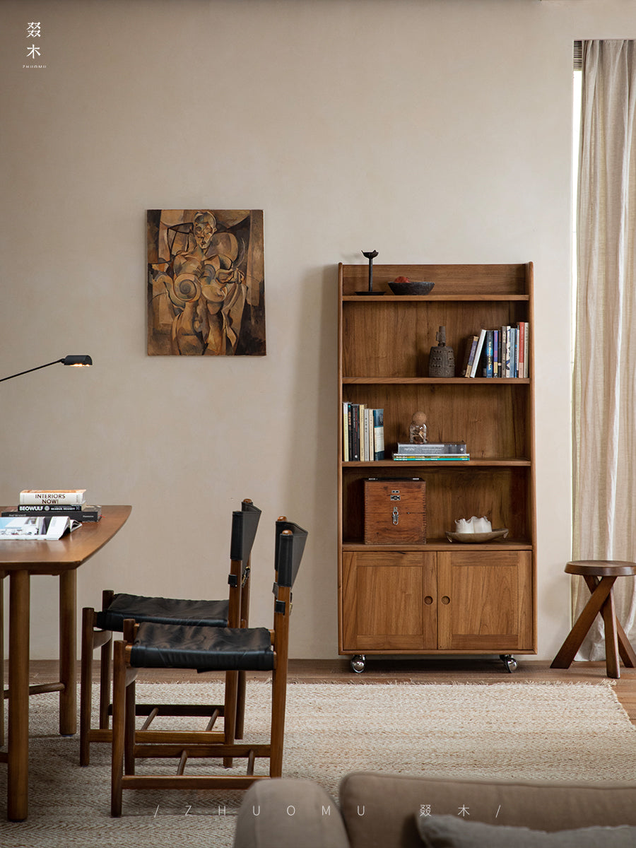 teak bookshelf, rolling cabinet, movable wood shelf, solid teak furniture, mid century furniture, teak storage cabinet, wooden bookshelf with wheels, handcrafted teak furniture, indonesian teak cabinet, piexlculpt studio