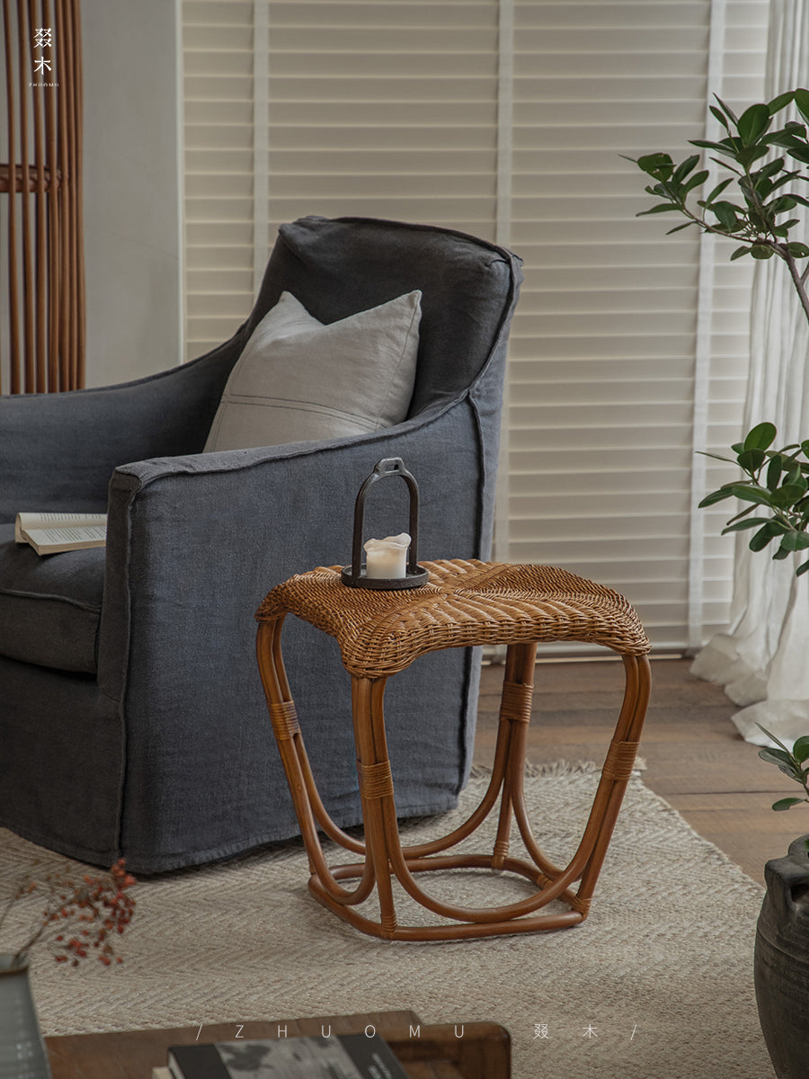 rattan side table, rattan end table, handwoven rattan stool, natural rattan furniture, minimalist rattan table, bamboo accent table, handmade rattan decor, boho rattan furniture, japanese wabi-sabi decor, artisan rattan stool