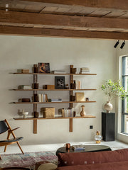 wall shelf system, modular wall shelving, mid century wood shelf, floating teak shelf, wooden wall bookcase, display shelving system, handcrafted wall furniture, piexlculpt studio