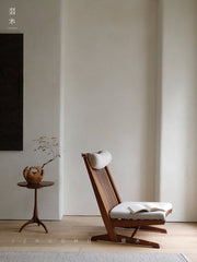 naka lounge chair, japanese recliner, wabi sabi furniture, george nakashima chair, solid wood armchair, minimalist wood chair, handmade wooden furniture, linen cushion chair, modern japanese furniture, piexlculpt