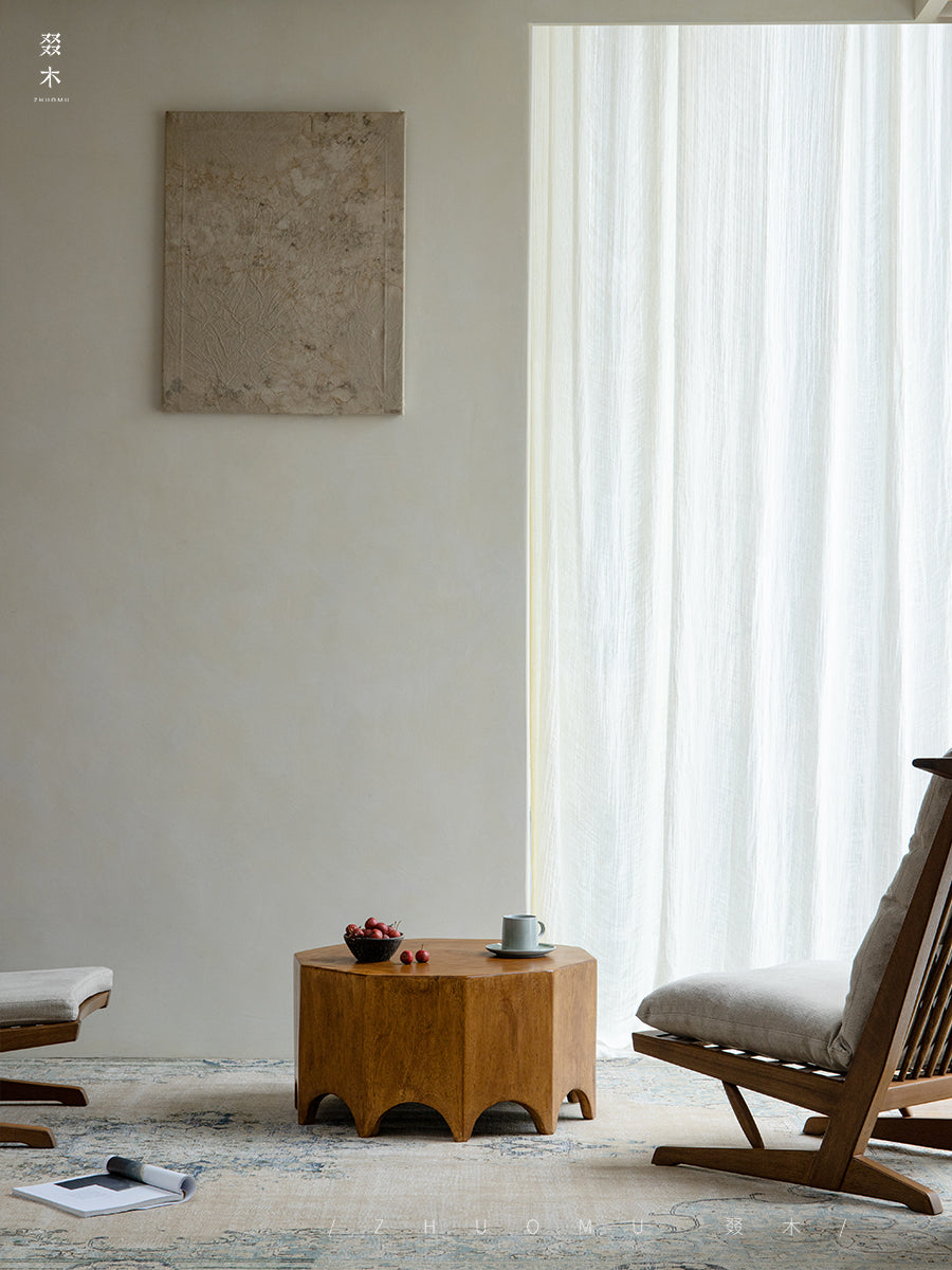 solid wood side table, handcrafted accent table, octagon round table, natural wood furniture, sculptural coffee table, wabi-sabi furniture, minimalist teak side table, artisan wooden table, japanese scandi furniture
