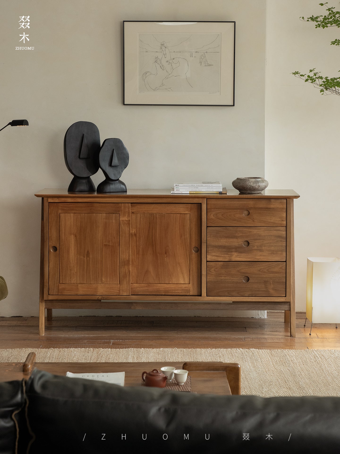 teak sideboard, sliding door buffet, solid wood cabinet, handcrafted teak furniture, minimalist dining storage, artisan wood furniture, wabi-sabi furniture, modern teak buffet, handmade solid wood sideboard