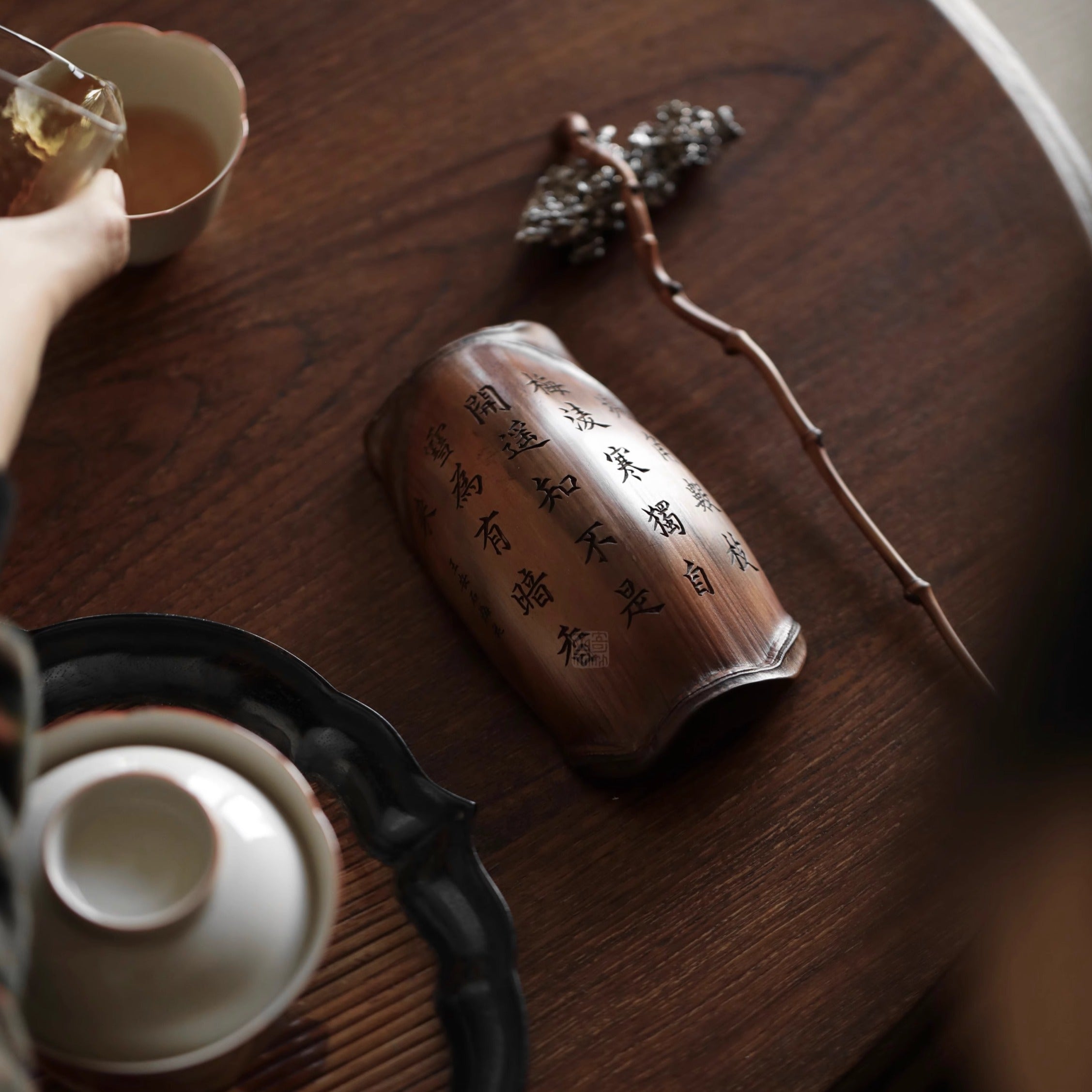 bamboo tea scoop, calligraphy tea scoop, engraved tea utensil, wooden tea accessory, handmade tea tools, gongfu tea ceremony, bamboo leaf holder, artisan tea ware, Piexlculpt Studio, wood engraving art