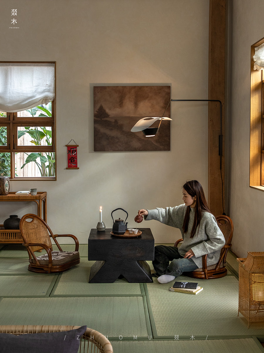 rattan floor chair, tatami chair, rattan swivel chair, handwoven rattan furniture, Japanese floor chair, bohemian interior, tea room seating, handcrafted rattan seat