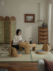 rattan tea set, rattan table and chairs, handwoven rattan furniture, round rattan table, bamboo tea table set, natural rattan decor, japanese tatami furniture, boho rattan furniture, artisan rattan set
