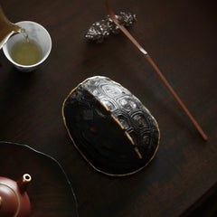turtle shell tea scoop, handcrafted tea utensil, silver inlay tea tool, golden edge bamboo tea scoop, wooden tea accessories, gongfu tea ceremony, artisan tea ware, tea leaf holder, Piexlculpt Studio, wood engraving art