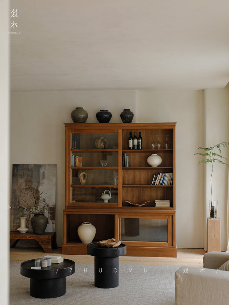 handcrafted wood cabinet, solid wood bookshelf, glass door cabinet, sliding wood cabinet, natural wood furniture, artisan wood furniture, minimalist storage cabinet, wabi-sabi furniture, boho wood shelf
