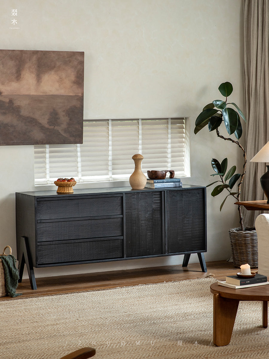 black wood furniture, carbonized sideboard, wabi sabi cabinet, handcrafted credenza, modern black buffet, carbonized teak, minimalist furniture, piexlculpt