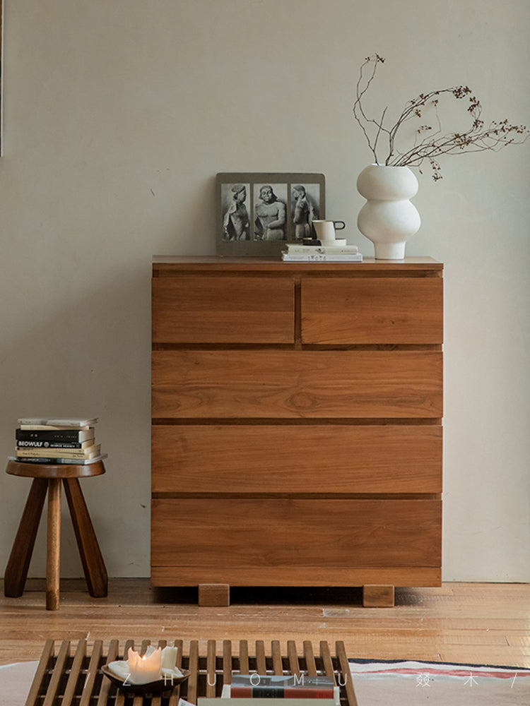 teak chest of drawers, solid wood dresser, handcrafted storage cabinet, minimalist wood furniture, artisan teak furniture, wabi-sabi furniture, handmade wooden dresser, natural teak cabinet, japanese scandi furniture
