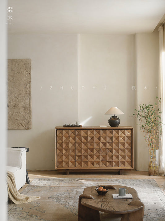 carved wood sideboard, solid wood cabinet, geometric furniture, handcrafted buffet, artisan storage cabinet, minimalist wood furniture, wabi-sabi sideboard, boho home furniture, modern natural wood cabinet