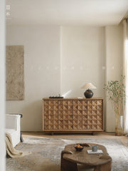 carved wood sideboard, solid wood cabinet, geometric furniture, handcrafted buffet, artisan storage cabinet, minimalist wood furniture, wabi-sabi sideboard, boho home furniture, modern natural wood cabinet