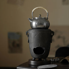 cast iron tea stove, portable tea heater, charcoal brazier, japanese tea stove, gongfu tea accessories, handmade tea tools, Piexlculpt Studio, tea ceremony heater, traditional iron brazier, wood engraving art, charcoal tea warmer