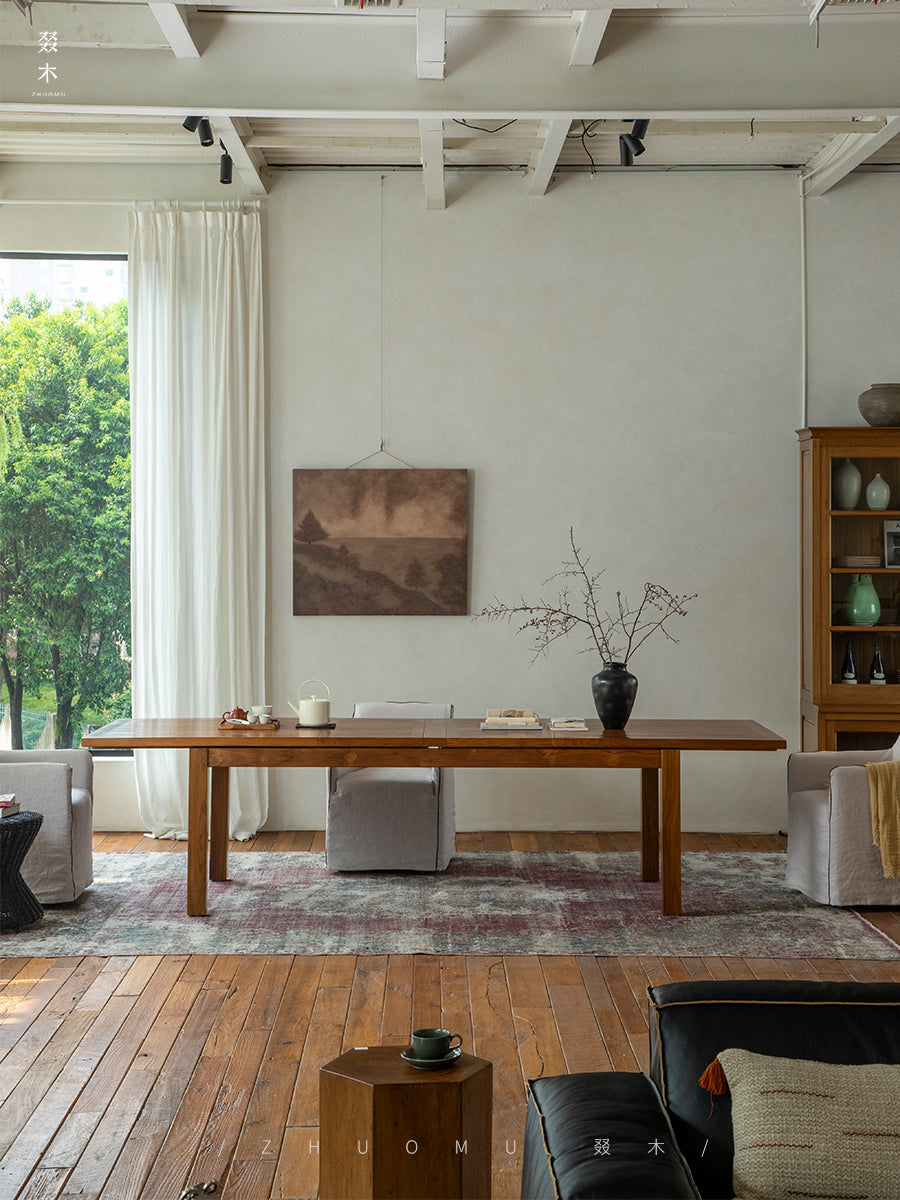 toki dining table, extendable wood table, solid teak furniture, japanese minimalist dining table, handcrafted extendable table, wabi sabi furniture, piexlculpt studio, teak long table, zen furniture, extendable conference table