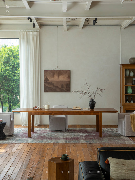 toki dining table, extendable wood table, solid teak furniture, japanese minimalist dining table, handcrafted extendable table, wabi sabi furniture, piexlculpt studio, teak long table, zen furniture, extendable conference table