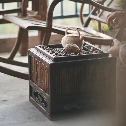 bamboo charcoal stove, pearwood tea brazier, handcrafted tea heater, wood tea stove, artisan charcoal brazier, traditional tea fire pot, gongfu tea accessories, wood engraving art, luxury tea ceremony set