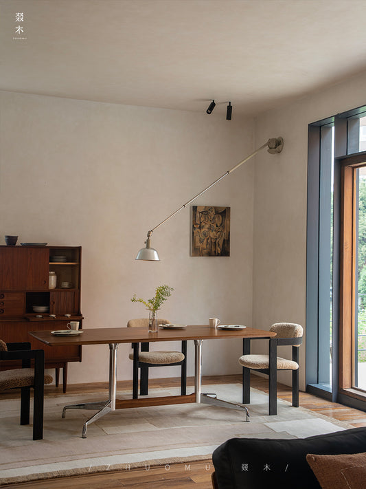 eiri dining table, solid wood dining table, metal frame table, japanese minimalist furniture, modern wabi sabi furniture, handcrafted long table, piexlculpt studio, scandinavian japanese design, solid wood work desk