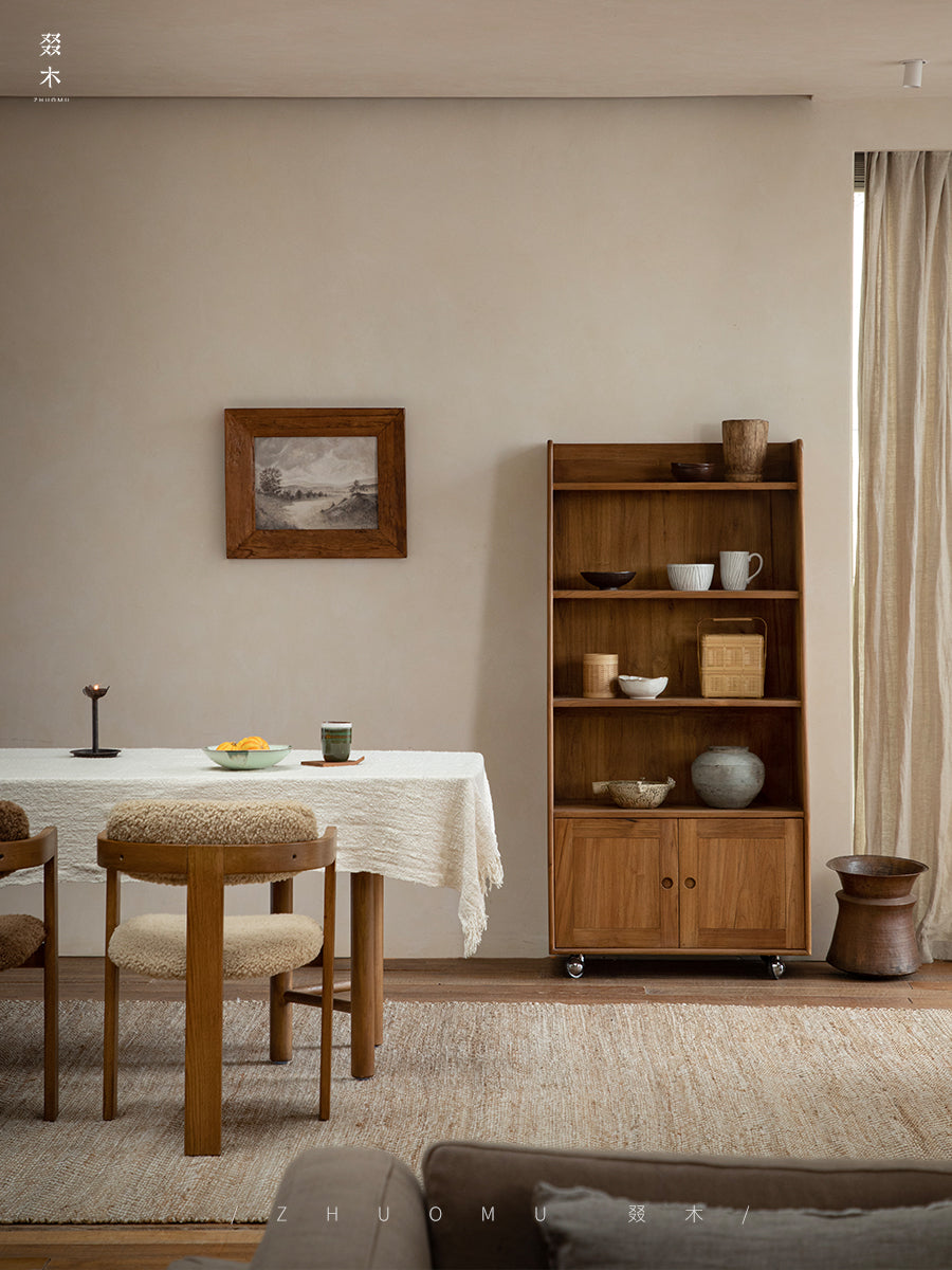 teak bookshelf, rolling cabinet, movable wood shelf, solid teak furniture, mid century furniture, teak storage cabinet, wooden bookshelf with wheels, handcrafted teak furniture, indonesian teak cabinet, piexlculpt studio