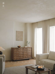 carved wood sideboard, solid wood cabinet, geometric furniture, handcrafted buffet, artisan storage cabinet, minimalist wood furniture, wabi-sabi sideboard, boho home furniture, modern natural wood cabinet