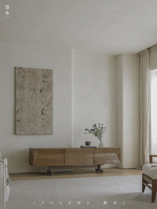 solid wood TV console, handcrafted media cabinet, minimalist TV stand, reclaimed wood furniture, artisan TV unit, japanese scandi furniture, wabi-sabi console, modern wood sideboard, low wood cabinet