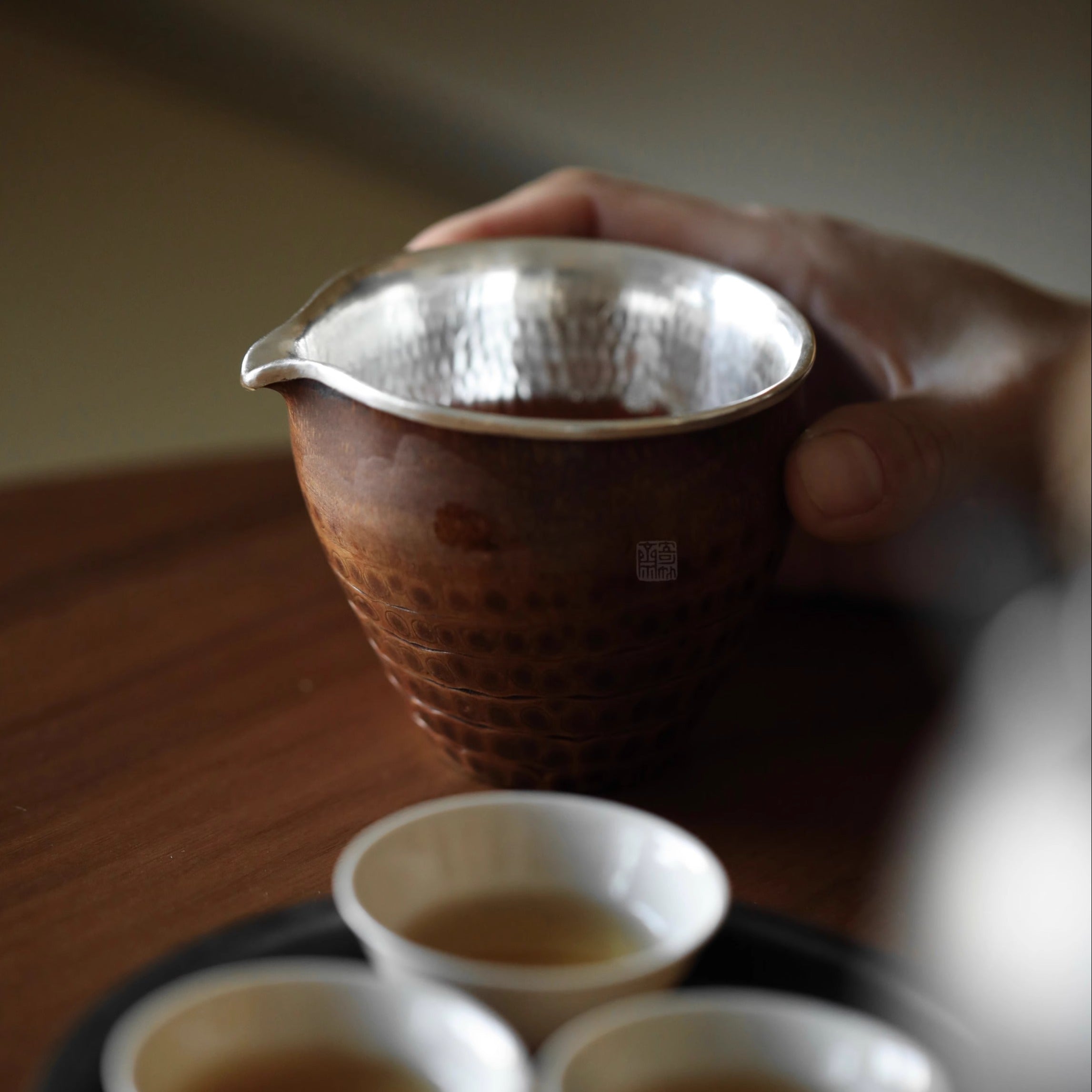 bamboo root tea cup, fair cup, gongdao cup, silver edge tea pitcher, handcrafted tea accessories, wooden tea ware, Japanese tea ceremony, Chinese tea set, handmade tea pitcher, artisanal teaware, Piexlculpt Studio
