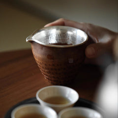 bamboo root tea cup, fair cup, gongdao cup, silver edge tea pitcher, handcrafted tea accessories, wooden tea ware, Japanese tea ceremony, Chinese tea set, handmade tea pitcher, artisanal teaware, Piexlculpt Studio