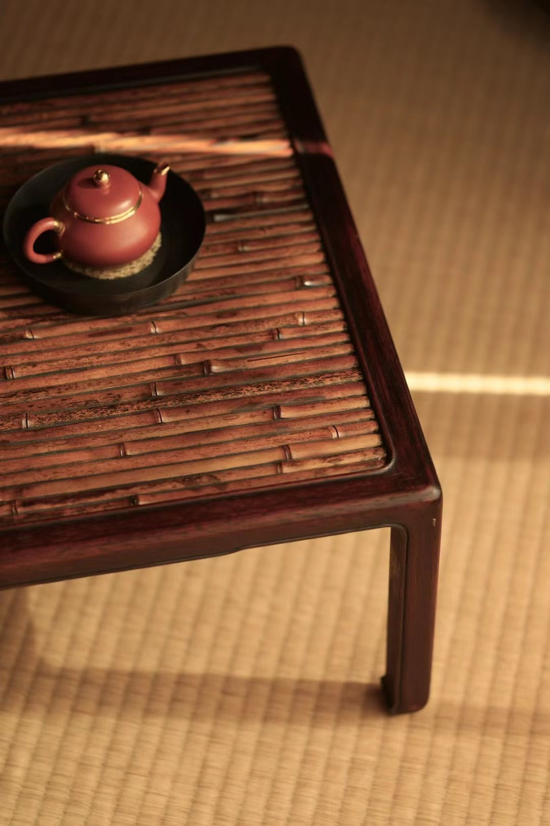 bamboo tea table, pearwood tea table, handcrafted bamboo furniture, gongfu tea stand, tea ceremony furniture, japanese low table, wood engraving art, Piexlculpt Studio, natural home decor, tea tray table
