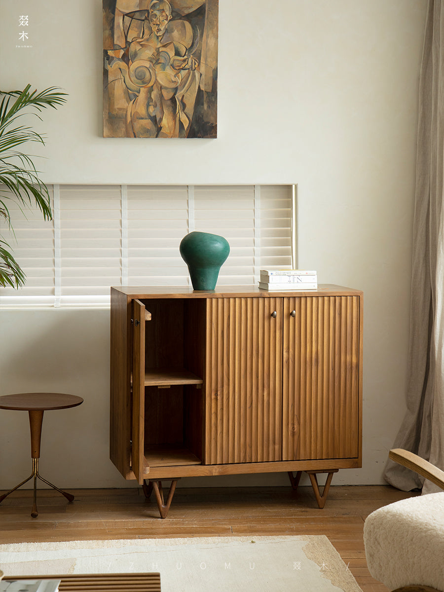 fluted wood cabinet, teak sideboard, handcrafted teak furniture, solid wood buffet, vertical groove cabinet, minimalist teak furniture, artisan wood furniture, wabi-sabi cabinet, boho teak sideboard, japanese scandi furniture