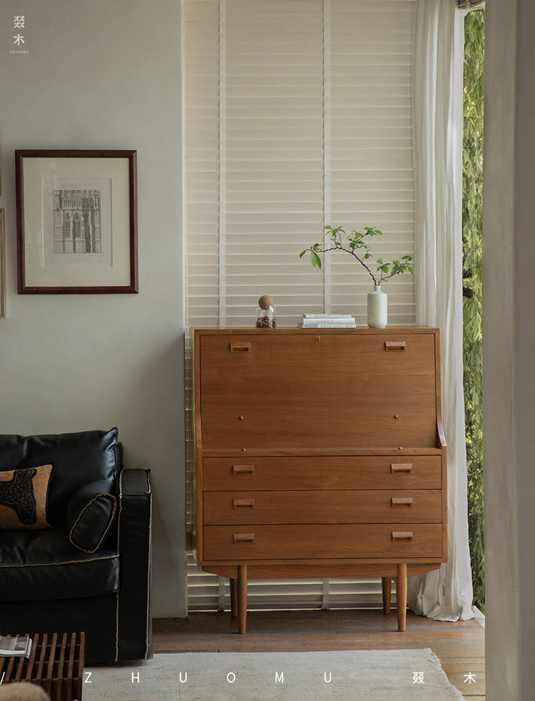 mid century secretary desk, teak writing cabinet, danish modern furniture, mcm teak desk, handcrafted wood furniture, vintage writing bureau, solid wood secretary desk, scandinavian teak furniture, minimalist wood desk