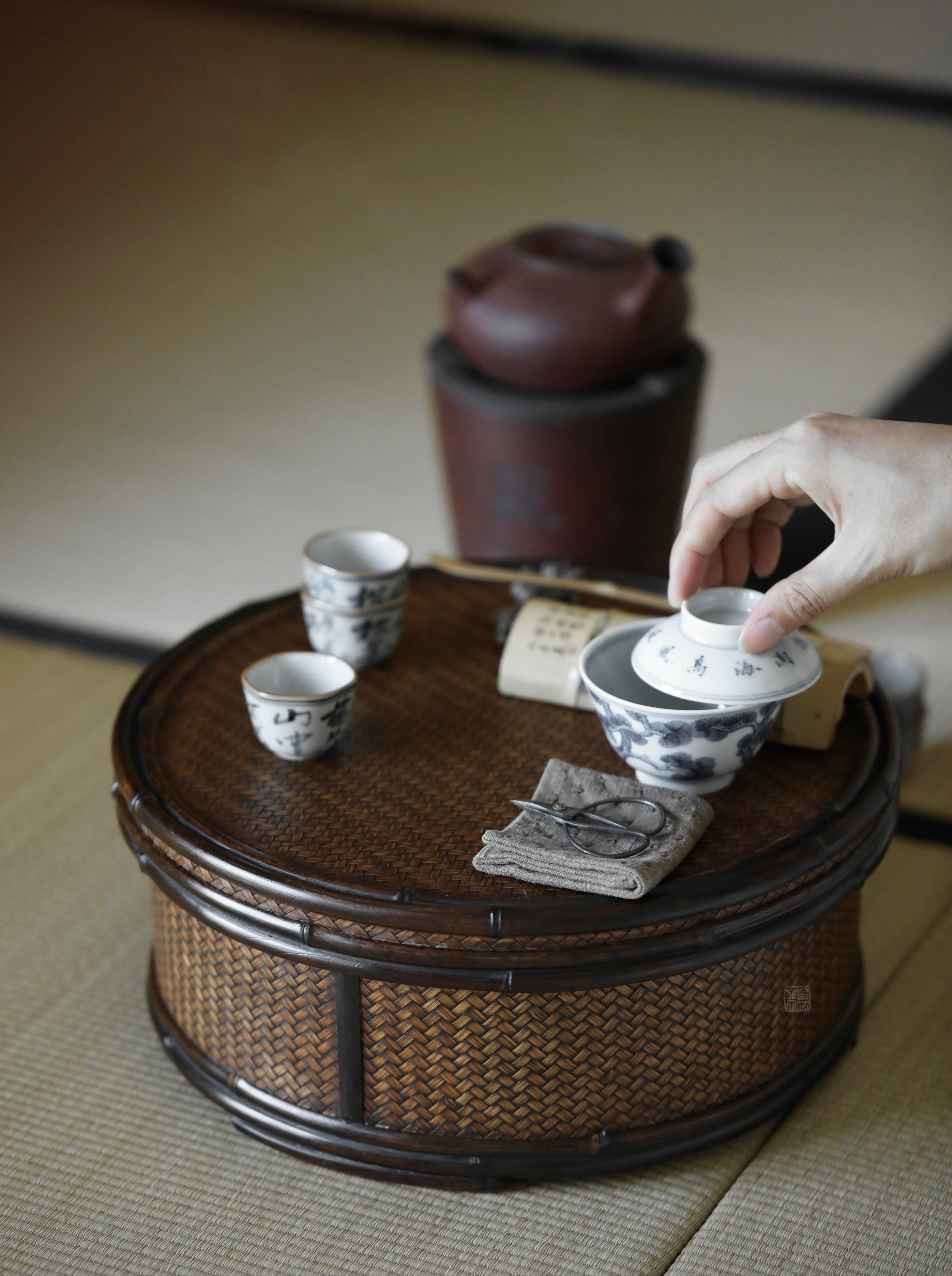bamboo storage box, woven rattan box, tea accessories organizer, handcrafted bamboo box, purple bamboo decor, handmade tea tool box, wood engraving art, Piexlculpt Studio, natural home accessories