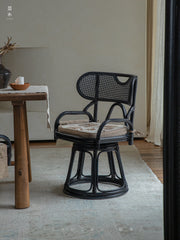 rattan swivel chair, handwoven rattan armchair, rotating rattan chair, vintage rattan seat, bamboo swivel chair, natural rattan furniture, handcrafted rattan lounge chair, tea room chair, dining rattan chair