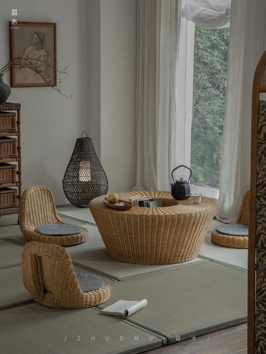 rattan tea set, rattan table and chairs, handwoven rattan furniture, round rattan table, bamboo tea table set, natural rattan decor, japanese tatami furniture, boho rattan furniture, artisan rattan set