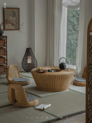 rattan tea set, rattan table and chairs, handwoven rattan furniture, round rattan table, bamboo tea table set, natural rattan decor, japanese tatami furniture, boho rattan furniture, artisan rattan set