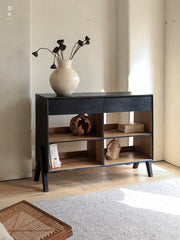 black teak furniture, carbonized sideboard, wabi sabi cabinet, minimalist furniture, carbonized teak console, handcrafted black wood sideboard, japanese zen furniture, piexl sculpt studio