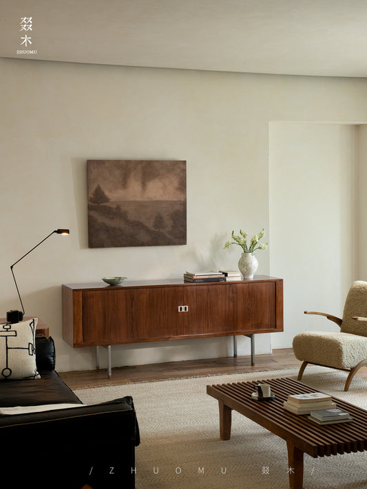 tambour sideboard, teak media console, mid century teak cabinet, teak sideboard, roll door cabinet, danish modern furniture, handcrafted wood furniture, teak buffet cabinet, piexl sculpt studio