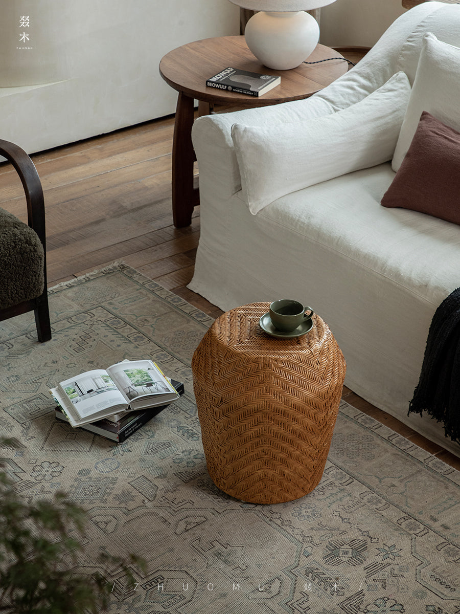 rattan side table, round rattan table, rattan stool, handwoven rattan furniture, bamboo accent table, natural rattan decor, boho rattan furniture, artisan rattan table, southeast asian furniture, japanese wabi-sabi decor