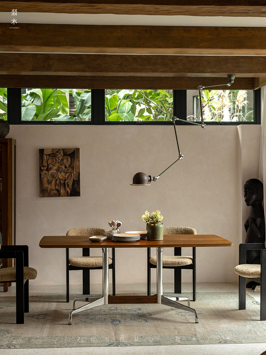 eiri dining table, solid wood dining table, metal frame table, japanese minimalist furniture, modern wabi sabi furniture, handcrafted long table, piexlculpt studio, scandinavian japanese design, solid wood work desk