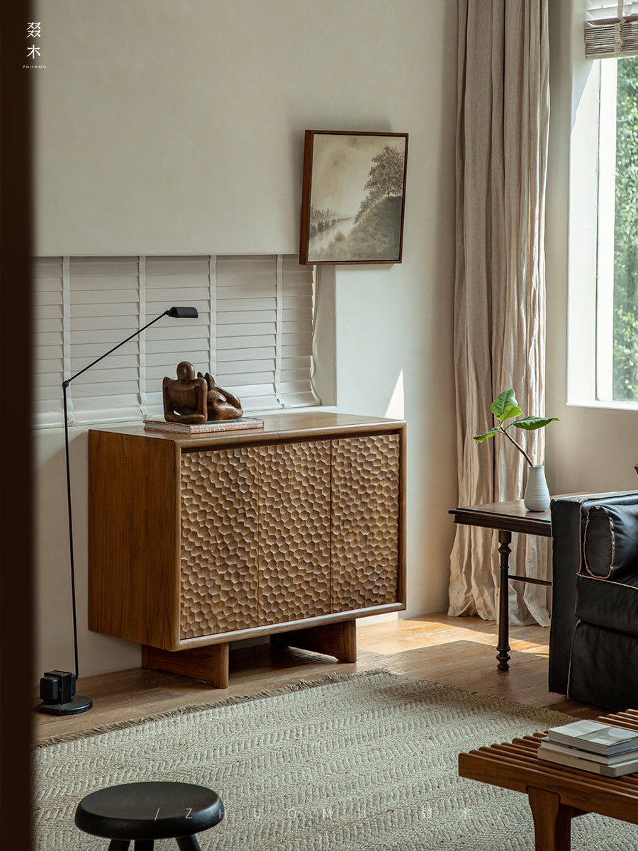ripple wood cabinet, teak sideboard, solid wood buffet, handcrafted teak furniture, textured wood cabinet, artisan carved sideboard, wabi-sabi furniture, boho wood furniture, japanese scandi teak, handmade wooden buffet