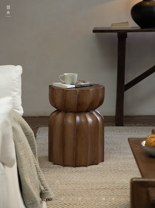 wood side table, solid wood accent table, carved wooden end table, handmade wood furniture, rustic wood nightstand, natural wood decor, modern artisan furniture, wooden pedestal table