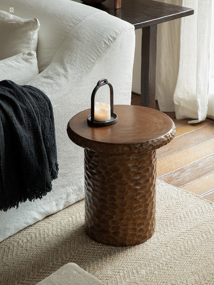 wood side table, solid wood accent table, hammered wood table, handmade wooden furniture, sculptural side table, rustic solid wood furniture, artisan carved table, textured wood decor, natural wood end table