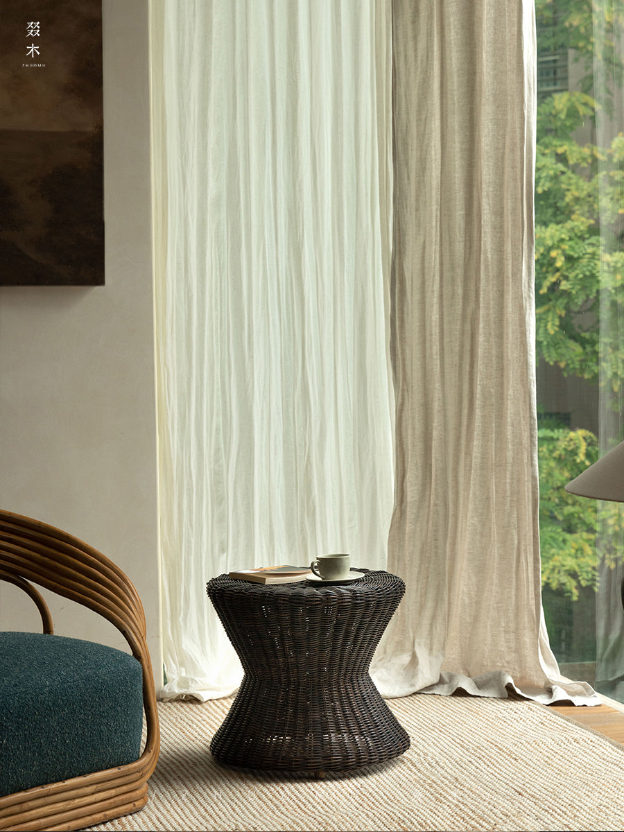 rattan side table, rattan coffee table, round accent table, handwoven rattan furniture, natural rattan decor, woven living room furniture, handcrafted table