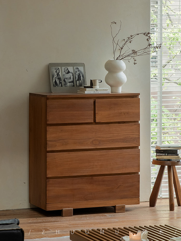 teak chest of drawers, solid wood dresser, handcrafted storage cabinet, minimalist wood furniture, artisan teak furniture, wabi-sabi furniture, handmade wooden dresser, natural teak cabinet, japanese scandi furniture